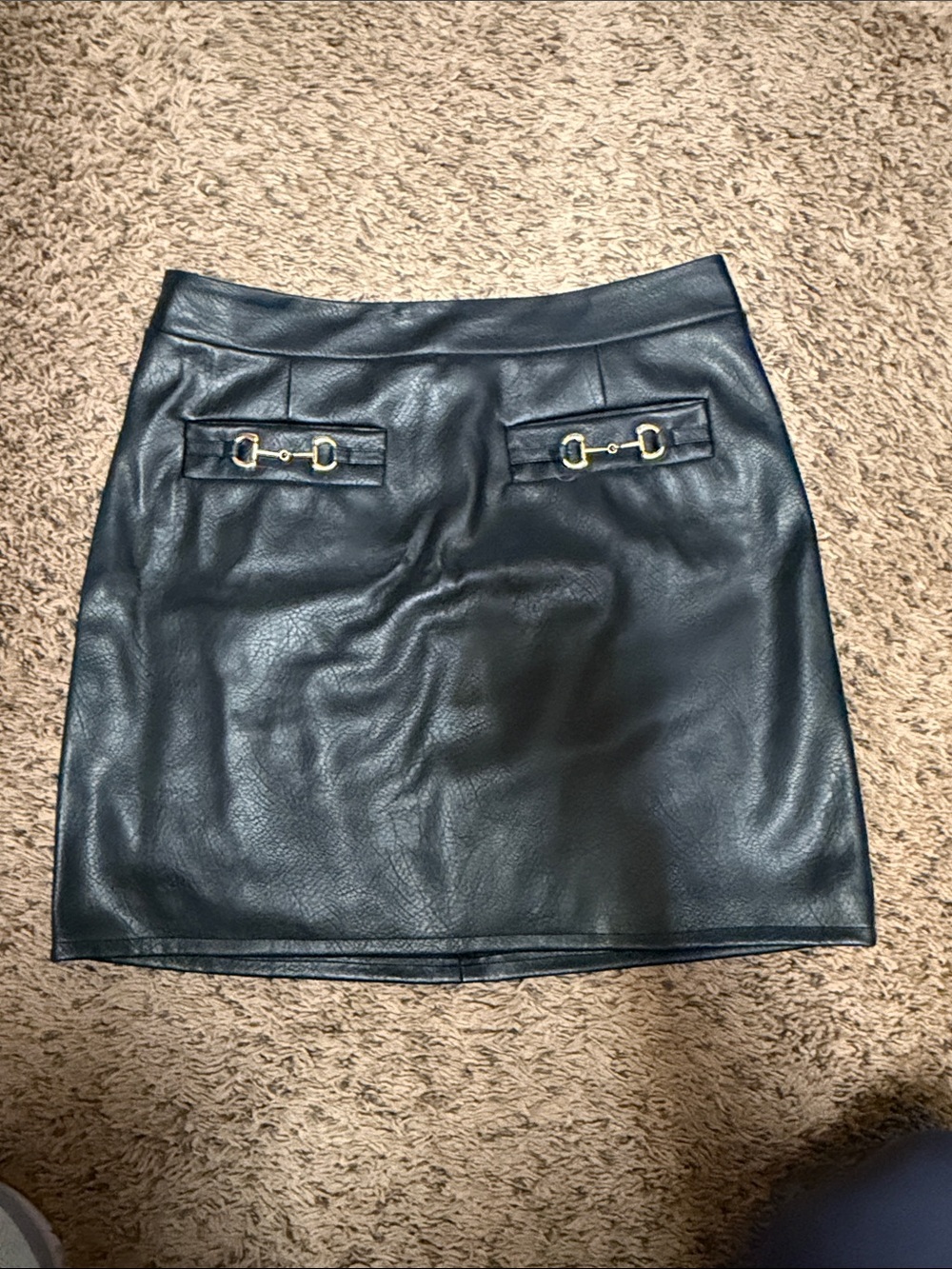 7 For All Mankind Black Faux Leather Mini Skirt with Gold-Tone Bit Detail